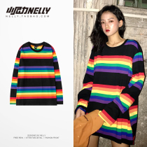 ins hip hop oversize autumn round neck loose rainbow stripe long sleeve T-shirt tide men and women Wild base shirt bf