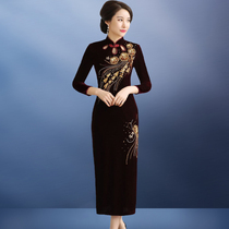 New beaded velvet cheongsam improved version wedding mother-in-law wedding dress Cheongsam noble woman