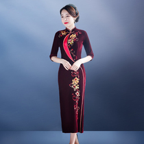 Spring and autumn gold velvet embroidered floral modified cheongsam dress Wedding mother-in-law wedding dress noble woman