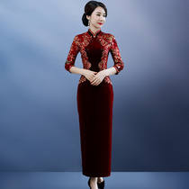 2021 new wedding mother-in-law wedding dress embroidered gold velvet cheongsam wedding mother dress modified version dress female