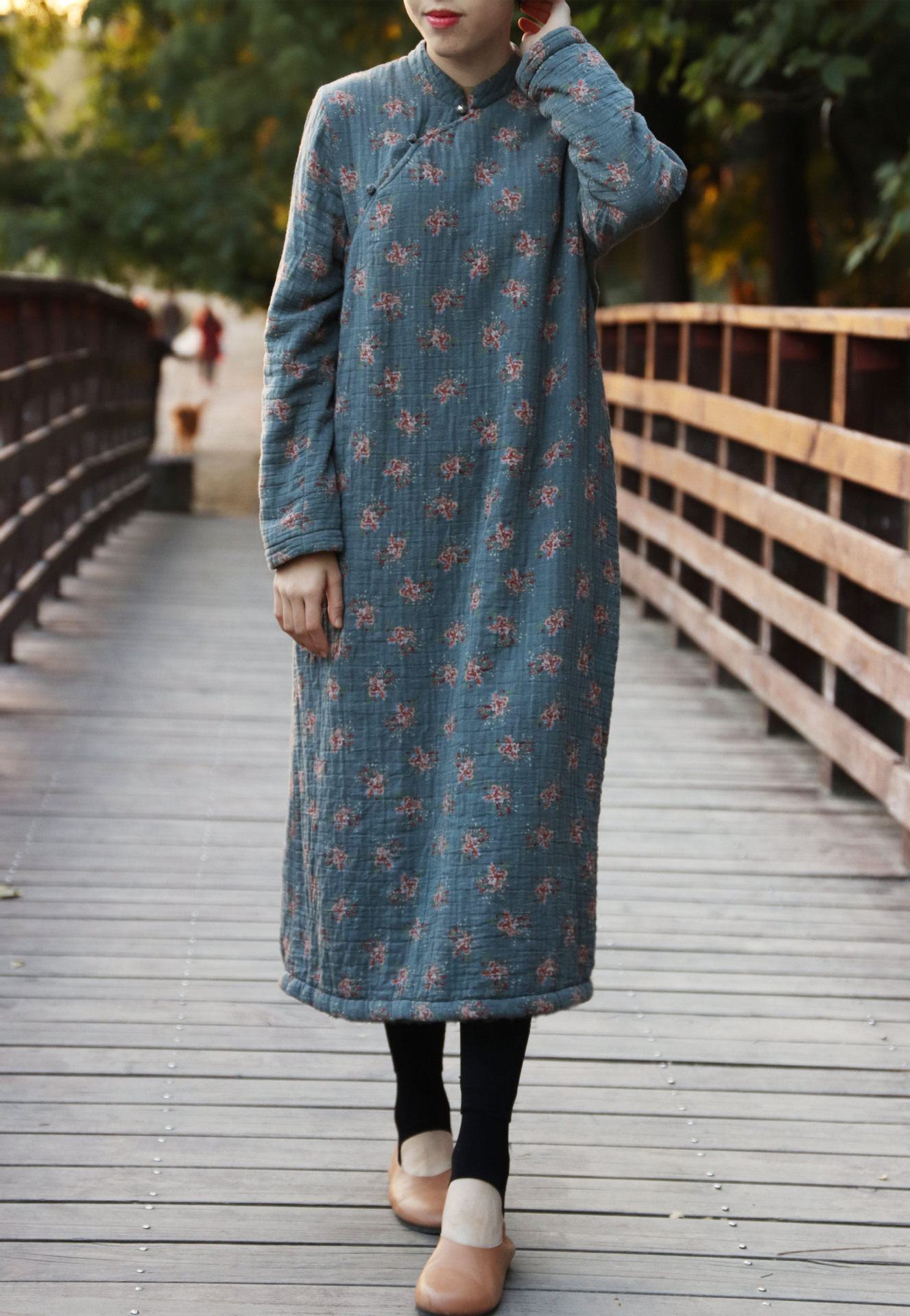 远远阳光房复古打底加厚加绒旗袍摇粒绒盘扣碎花袍子连衣裙长裙袍_7折