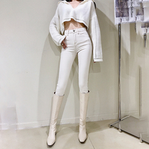 Poisonous fabric off-white high-waisted jeans womens summer thin skinny hair-colored small feet pencil pants nine points