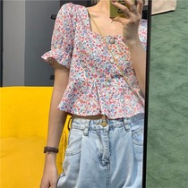 French girl square collar vintage floral doll shirt design niche bm short section bubble short sleeve shirt top women