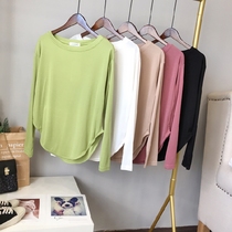  Drooping irregular long-sleeved T-shirt womens autumn new avocado green loose solid color round neck top bottoming shirt
