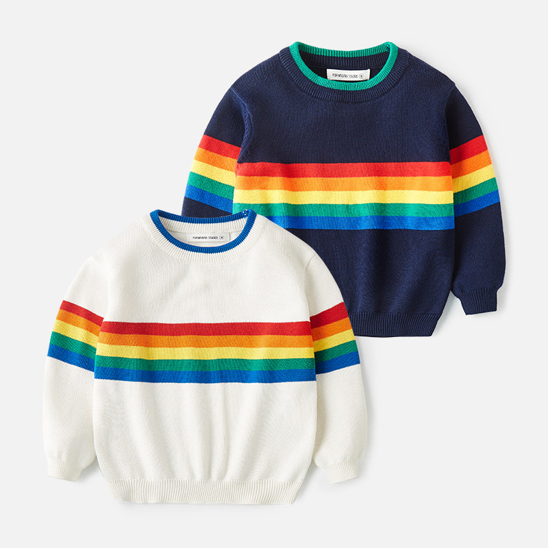 儿童秋季纯棉毛衣外套彩虹条纹上衣