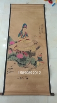 Celebrity calligraphy and painting antique painting Chinese painting character boy worship Guanyin living room decorative painting scroll hanging painting