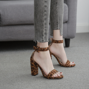 European and American one word buckle thick high heel Sexy Leopard Sandal