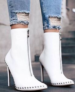 European and American punk women’s boots spikes metal decorations black and white women’s boots Knight boots