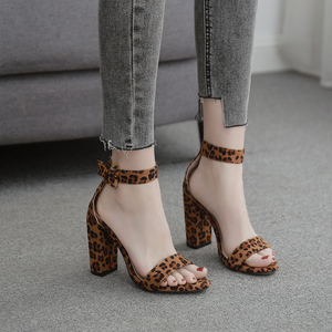 European and American one word buckle thick high heel Sexy Leopard Sandal