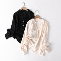 Chiffon shirt top womens Korean version of the foreign spring and Autumn temperament V-neck vertical pattern muscle lantern long sleeve