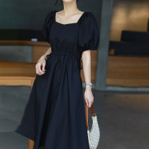 Sandro Svpr black one-piece dress 2022 Summer new retro square collar with loose and thin temperament