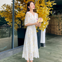 Sandro Svpr white Broken Flowers Dress Woman 2022 Summer new French style cashew with slim temperament skirt