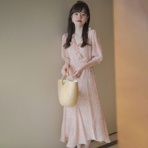 Sandro Svpr Lotus Leaf Lace with Broken Flowers Dress Woman 2022 Summer new sweet and medium length V collar A word dress