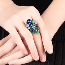 Ancient scenery cloisonne ring index finger female retro court Chinese style glazed leaves Net Red National style decorations