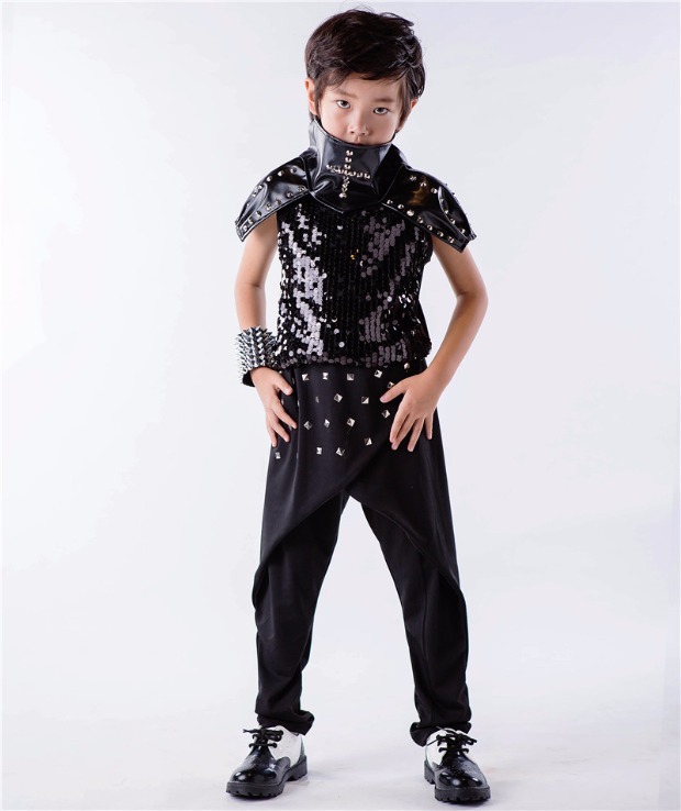 少儿街舞爵士演出服男童架子鼓表演服歌手走秀舞台服亮片铆钉套装