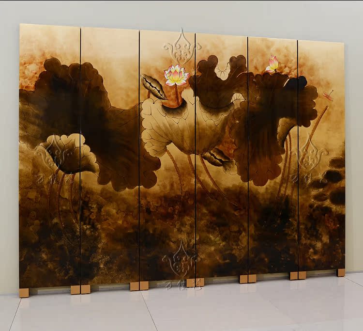 荷花屏风 手绘漆画折叠隔断 新中式仿古典彩绘折屏酒店金箔装饰画