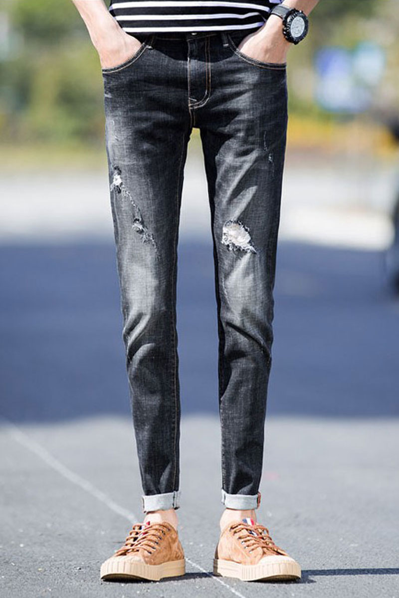 青少年破洞牛仔裤潮学生夏季薄款修身弹力加长版120cm乞丐裤男裤