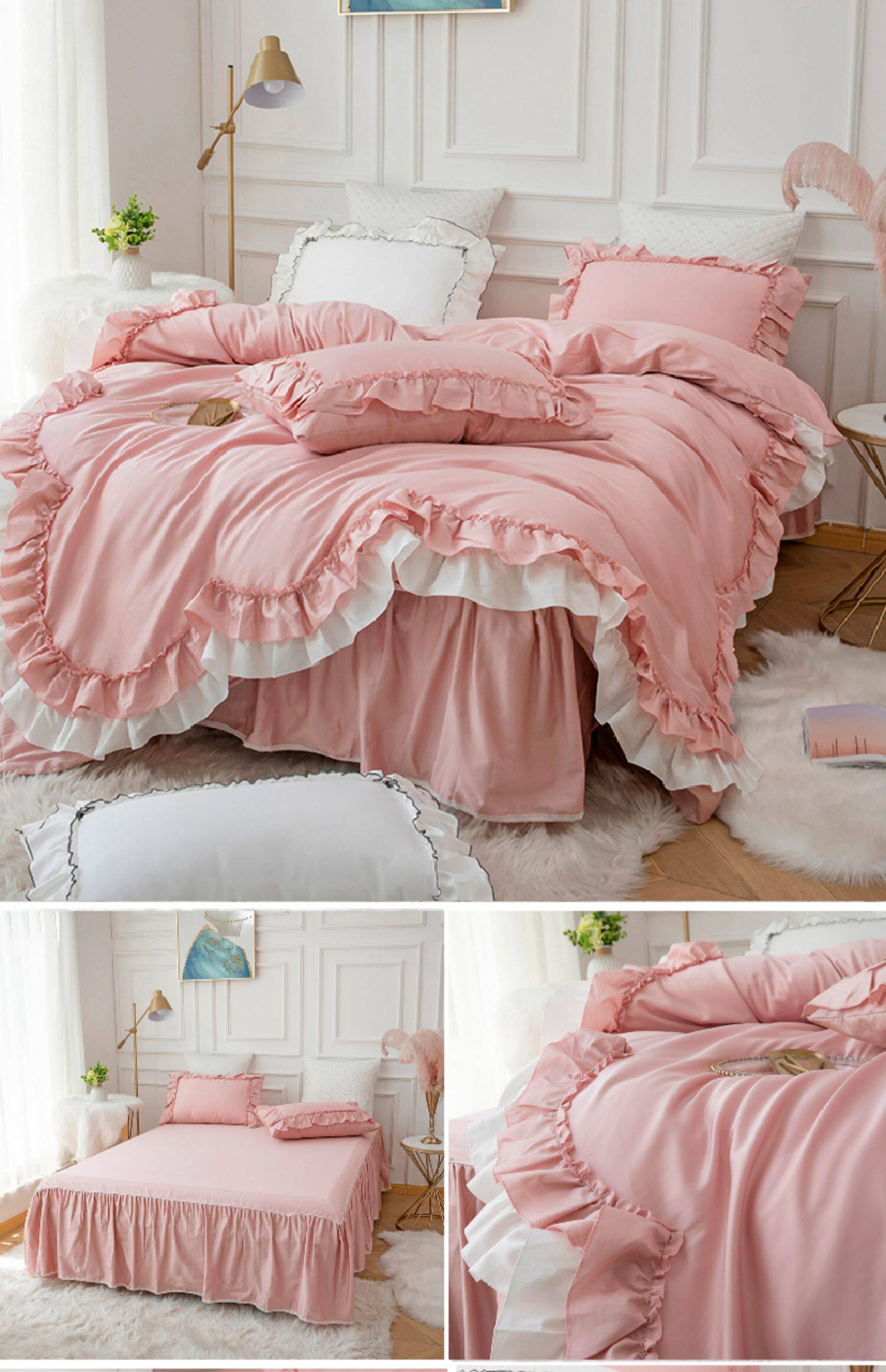 全棉纯棉荷叶边床上四件套少女心床单ins被套夏床裙公主床品套件4