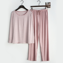 Pajamas spring and autumn womens striped trousers cropped pants womens home service suit summer modal thin home pajamas