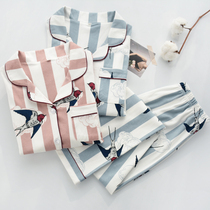 Japanese cute cotton knitted cotton wool pajamas womens spring and autumn cotton cardigan long-sleeved trousers home service suit