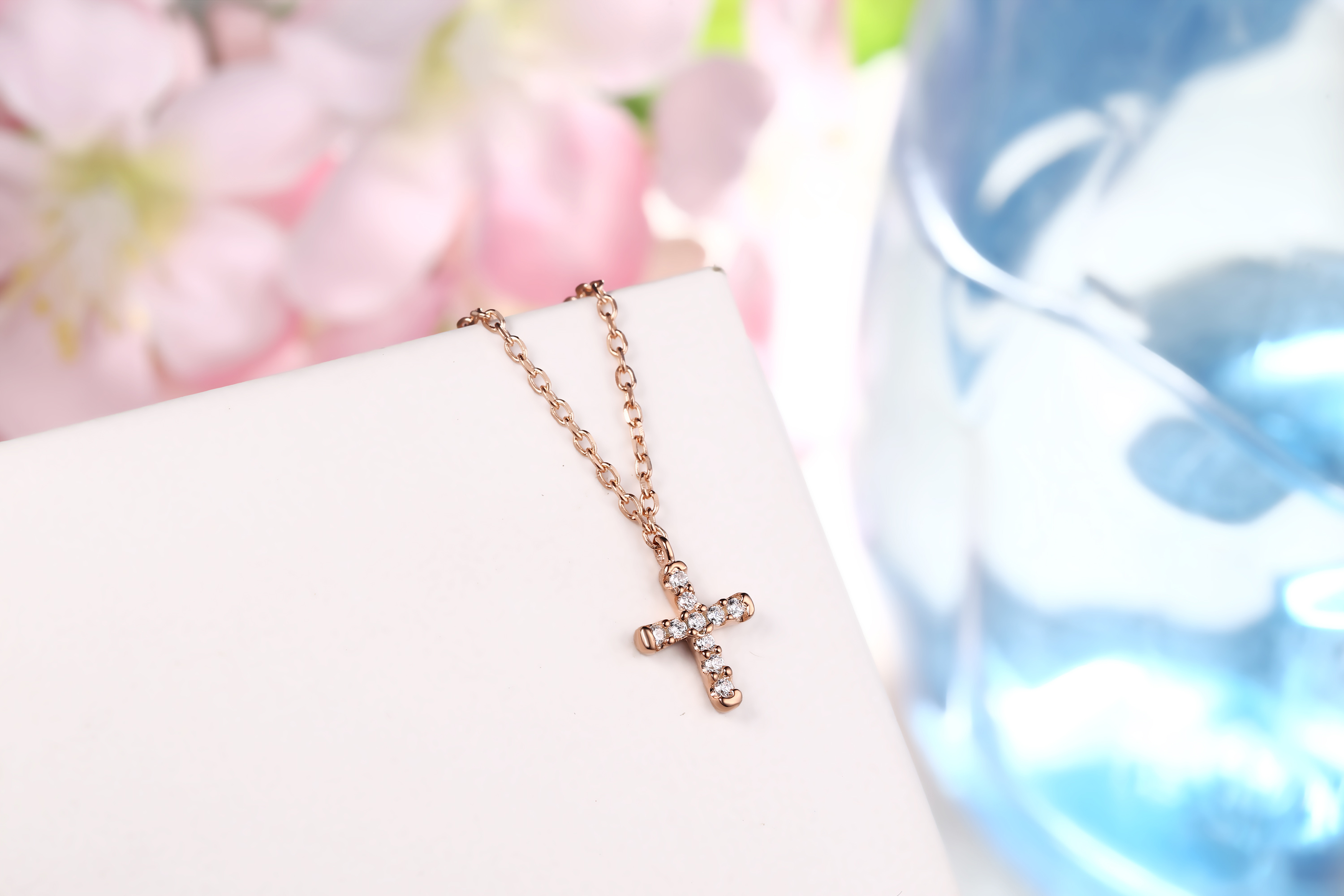 韩版小清新18k金排钻石项链白金套链铂金钻石项坠十字架坠子吊坠