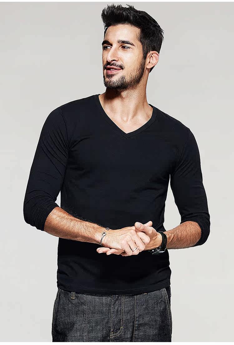 男士v领黑色打底衫 男纯色长袖t恤 男装韩版紧身打底衣622