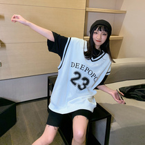 Basketball vest girl bf outer wearing loose-bygon student sport long-range v-collar vest coat