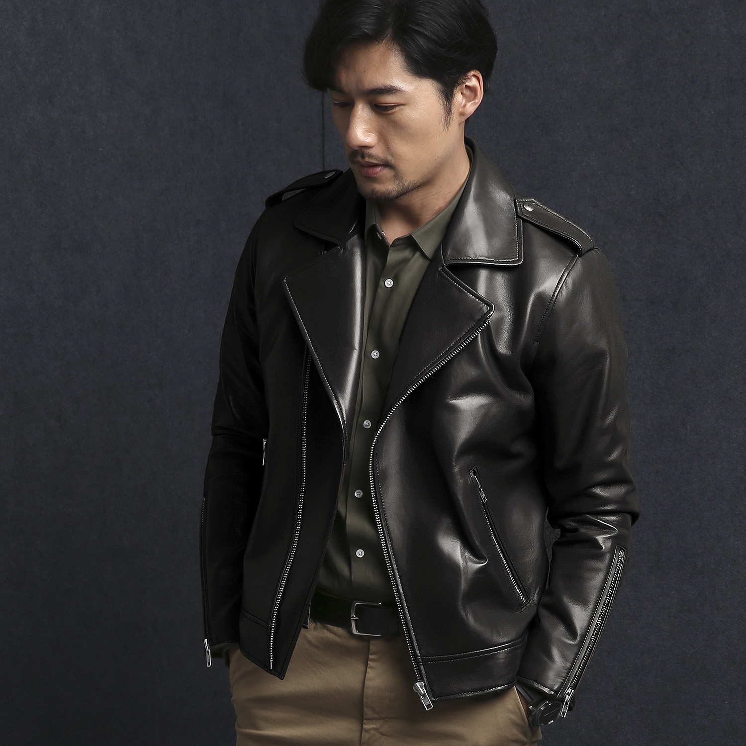 秋冬装高品质绵羊皮真皮男经典翻领简洁机车夹克欧美皮衣夹克外套