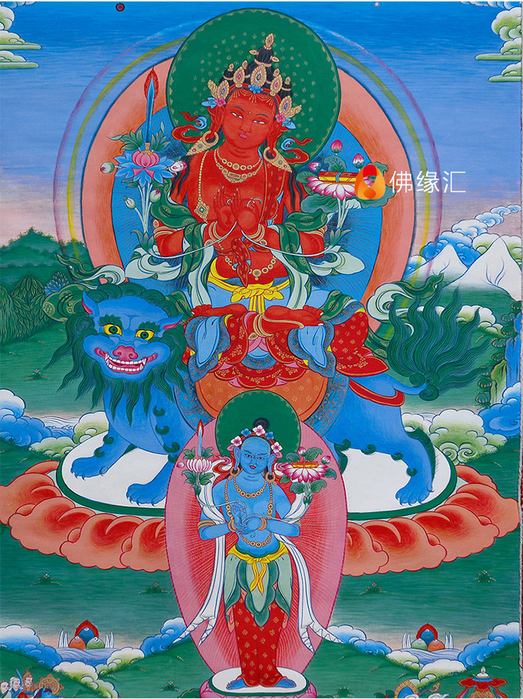 尼泊尔矿物颜料红文殊菩萨画像挂画 西藏文殊菩萨唐卡佛像装饰画