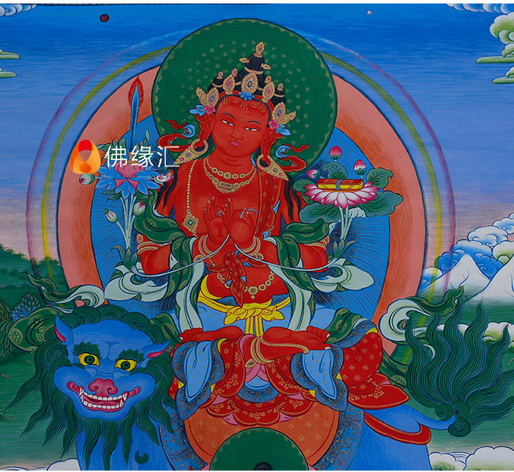 尼泊尔矿物颜料红文殊菩萨画像挂画 西藏文殊菩萨唐卡佛像装饰画