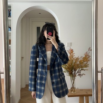 Spring new American style personalized blue plaid corduroy mid-length suit jacket suit high waist skirt suit