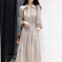  French light luxury geometric pattern dress 2021 autumn printing waist long-sleeved lapel contrast color light cooked long skirt