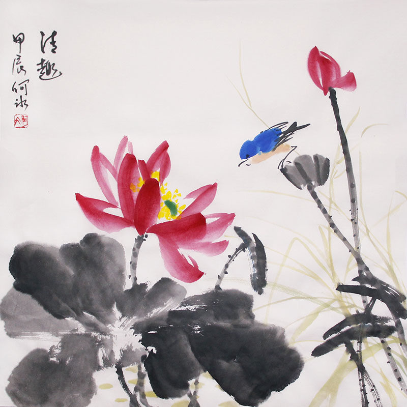 三尺斗方手绘水墨画真迹宣纸写意荷花花鸟画国画装饰挂画