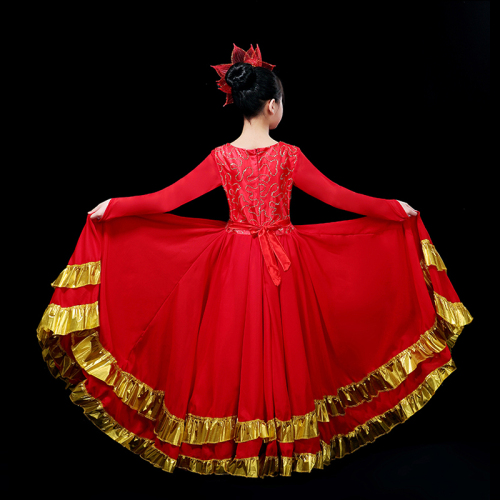 Red with gold flamenco dance dress for girls kids opening dance big swing skirt spanish bull Dance Costume stage performance chorus dress