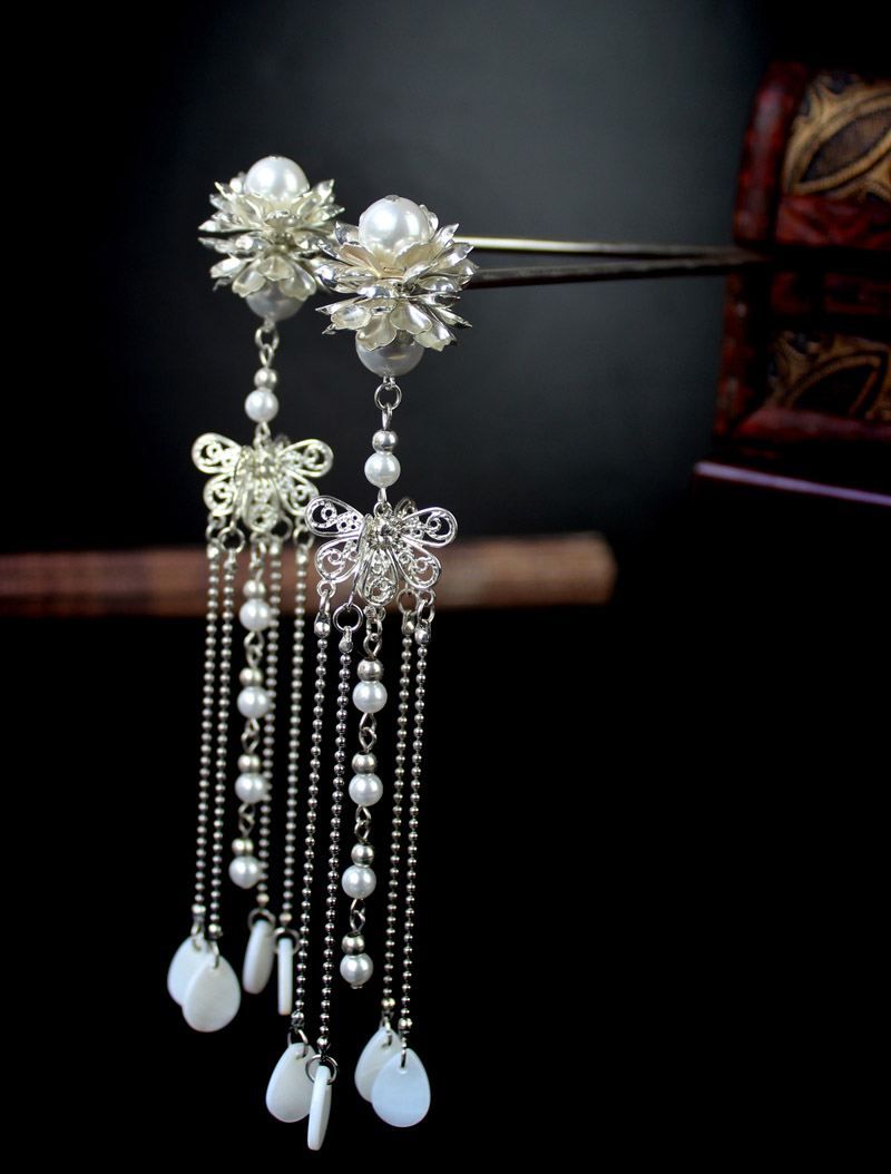 包邮珍珠对簪步摇长流苏步步生莲簪子汉服古装头饰旗袍cos仙女