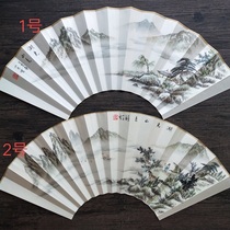 Pure hand-painted fan ink landscape painting reverse calligraphy poetry 1 foot 10 inch 13 square folding fan can be equipped with Sugong fan