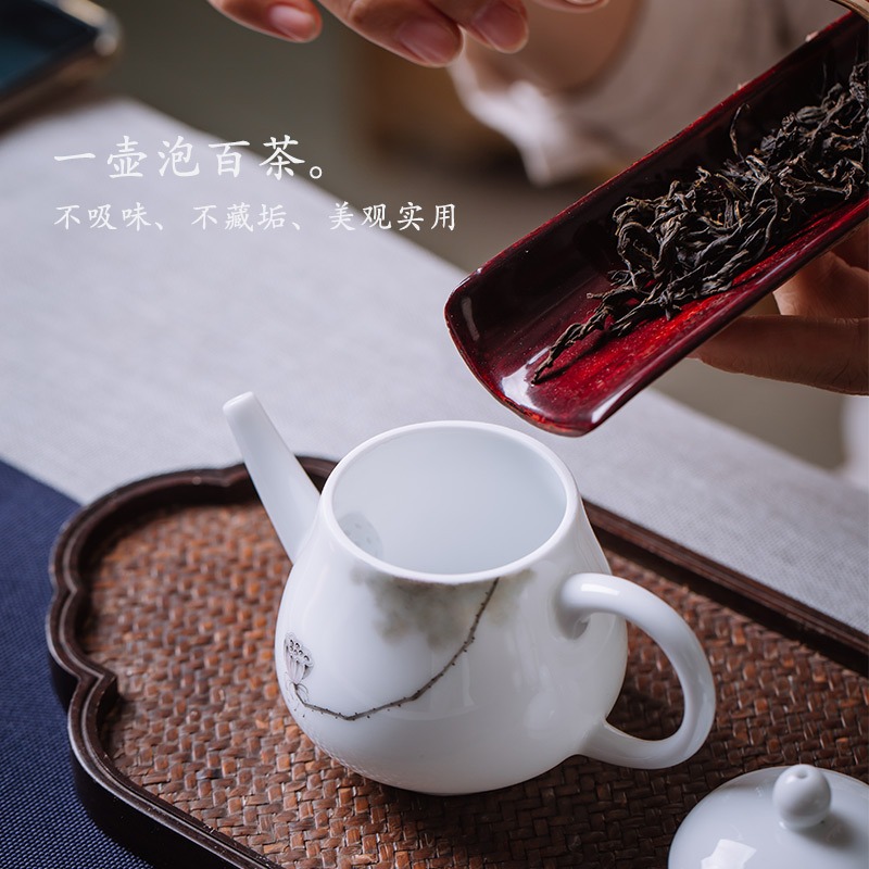 Pure hand draw lotus tea one single mini teapot for a single small white porcelain handle hand grasp pot of jingdezhen