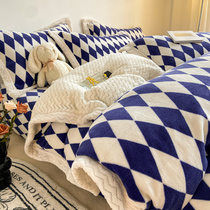 Plush bed four-piece protection milk velvet checkerboard coral velvet three-piece set flannel printed bed sheet quilt cover