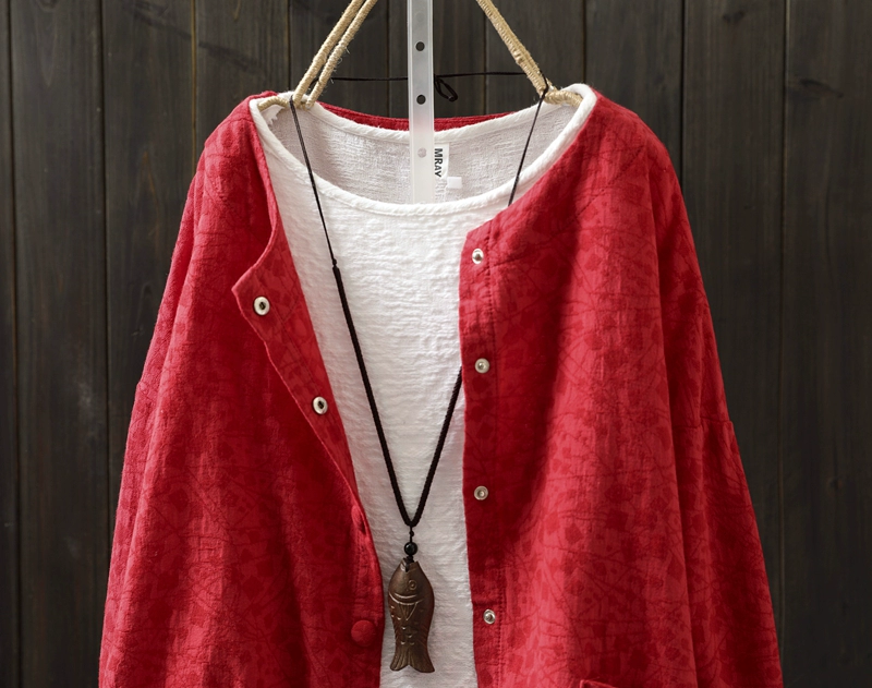 Retro đơn giản mùa xuân và mùa thu người hâm mộ văn học mới của phụ nữ jacquard cotton và vải lanh lỏng lẻo áo khoác ngắn mỏng áo khoác túi thường của phụ nữ - Áo khoác ngắn
