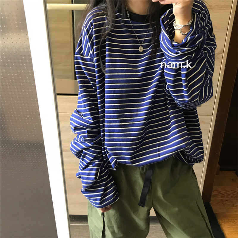 nam kk Korean women's dress spring summer crash color retro blue black-and-white strips loose round collar long sleeve striped T-shirt