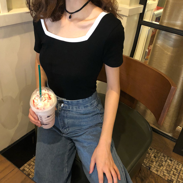 Summer Korean version of the new women's dress with generous collar Slim slimming contrast color simple and versatile short-sleeved t-shirt top bottoming shirt Summer Korean version of the new women's dress with generous collar Slim slimming contrast color simple and versatile short-sleeved t-shirt top bottoming shirt