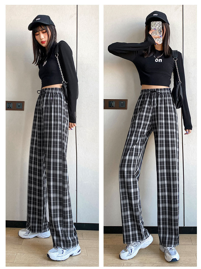 实拍黑白格子裤女宽松阔腿裤子2021高腰直筒长裤休闲跑步运动裤