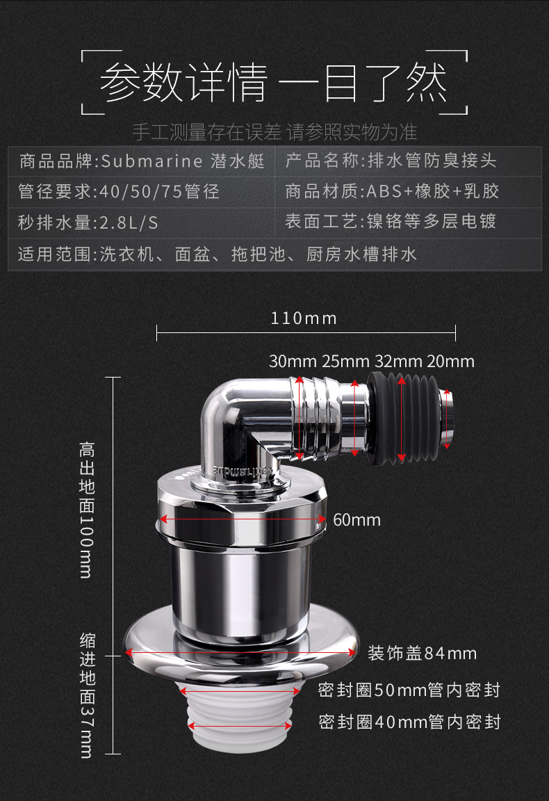 放心好店潜水艇洗衣机排水管接头卫生间地漏