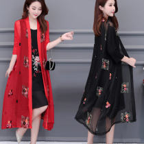 Summer ethnic style sunscreen clothes womens mid-length over-the-knee ultra-thin jacket embroidered cardigan silk large size outer shawl