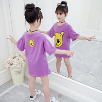 Girls short-sleeved top 2021 new summer clothes medium-long childrens T-shirt loose fat sports pullover