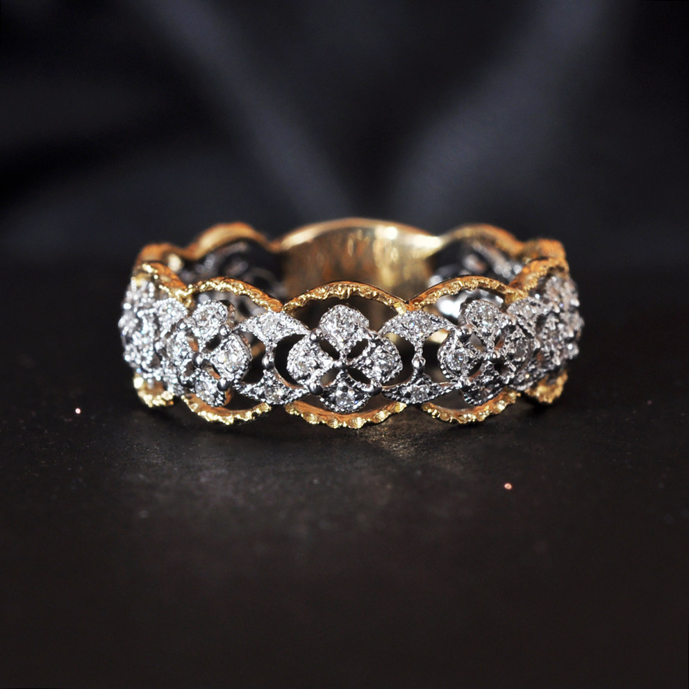 都灵之夜iii 复古手工黄金薄纱钻石指环 意大利金工 18k金戒指