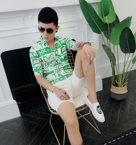 Small size 2021 Summer Casual Print Youth Shirt Han Fan Personality Half sleeve Shirt Korean Hairstylist Mens Clothing