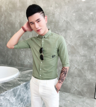2021 summer mens shirt Korean solid color cotton linen shirt middle sleeve nightclub casual hair stylist Half sleeve mens tide