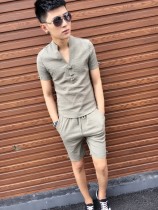 Youth Chinese style sports suit boys summer slim linen two-piece men short sleeve clothes cotton shorts