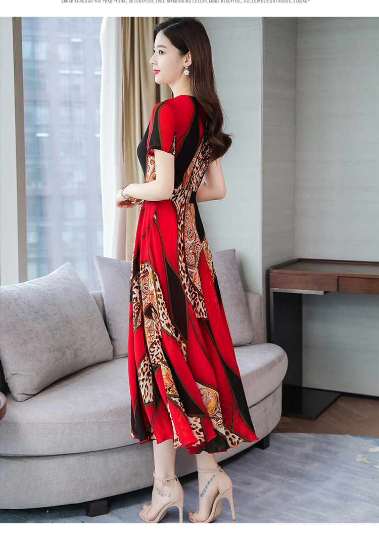 夏季新款流行大码过膝气质年轻妈妈雪纺连衣裙女长裙-货捕头广州站